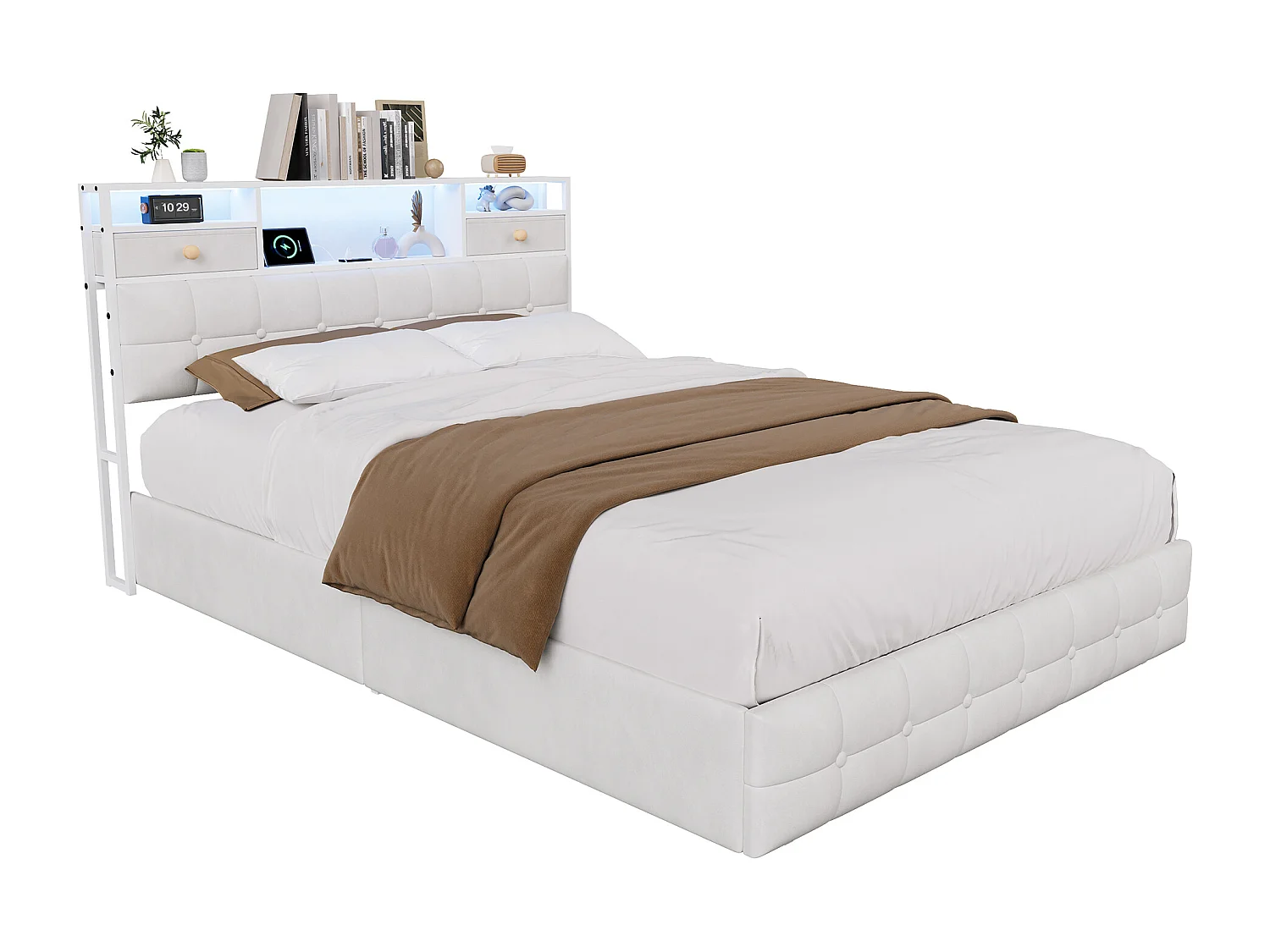 Lit double rembourré, 140 x 200 cm, avec LED et prises, sommier à lattes, cadre de lit, en velours, beige