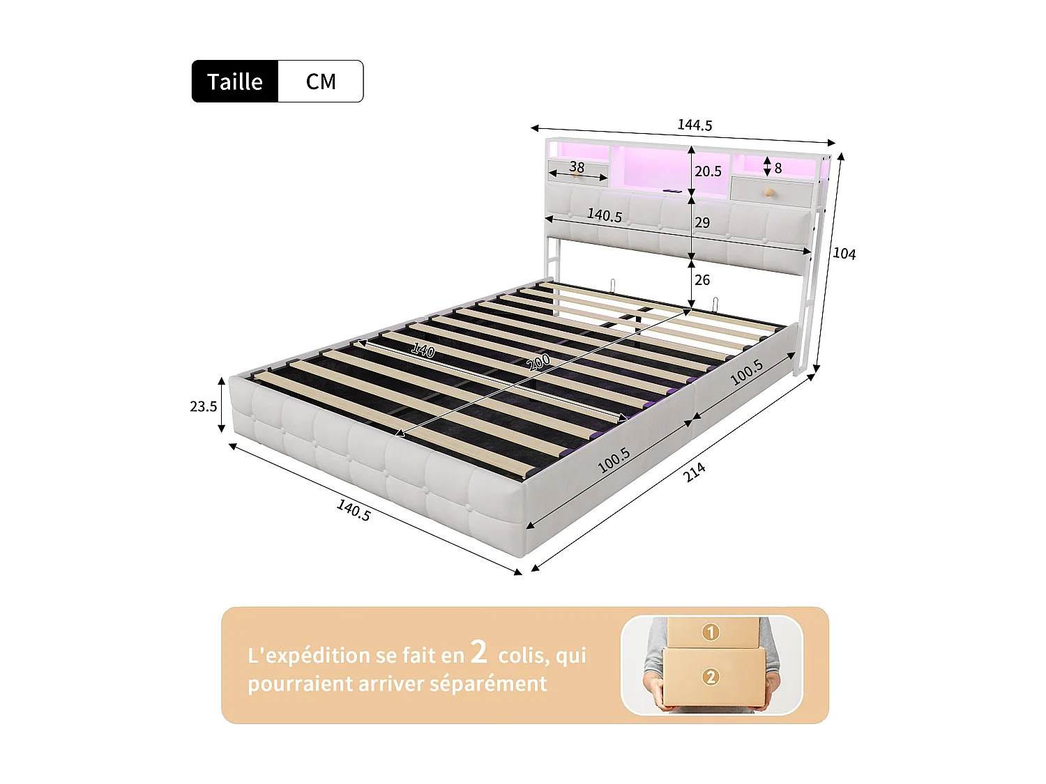 Lit double rembourré, 140 x 200 cm, avec LED et prises, sommier à lattes, cadre de lit, en velours, beige