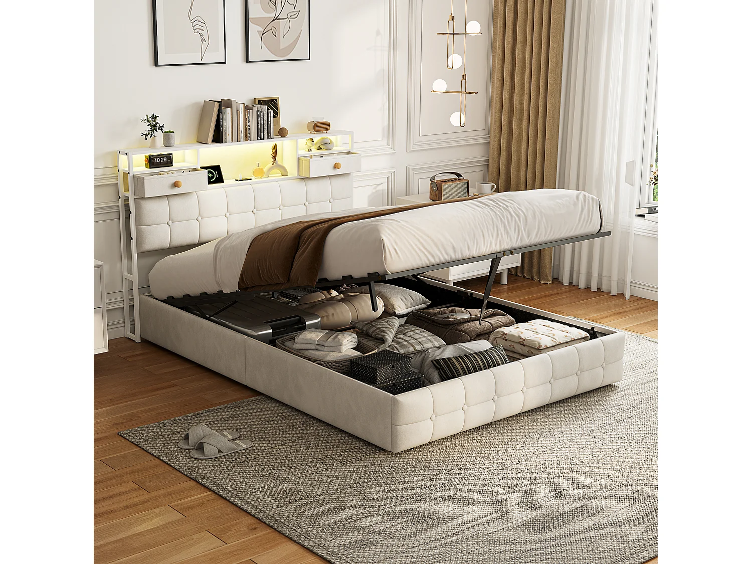 Lit double rembourré, 140 x 200 cm, avec LED et prises, sommier à lattes, cadre de lit, en velours, beige