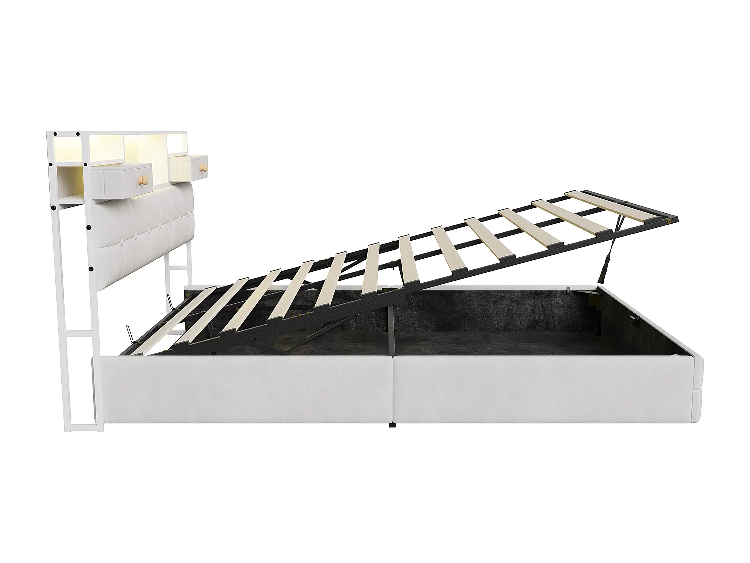 Lit double rembourré, 140 x 200 cm, avec LED et prises, sommier à lattes, cadre de lit, en velours, beige