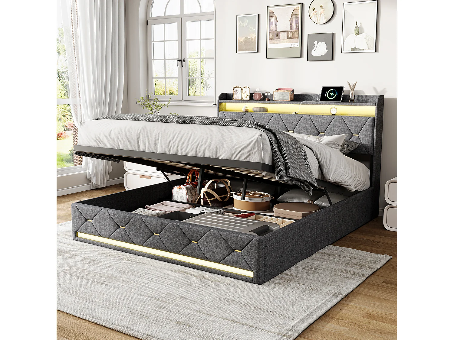 Lit Coffre 160 x 200 cm avec LED et USB, Lit Double Rembourré avec Sommier à Lattes, Lin, Gris
