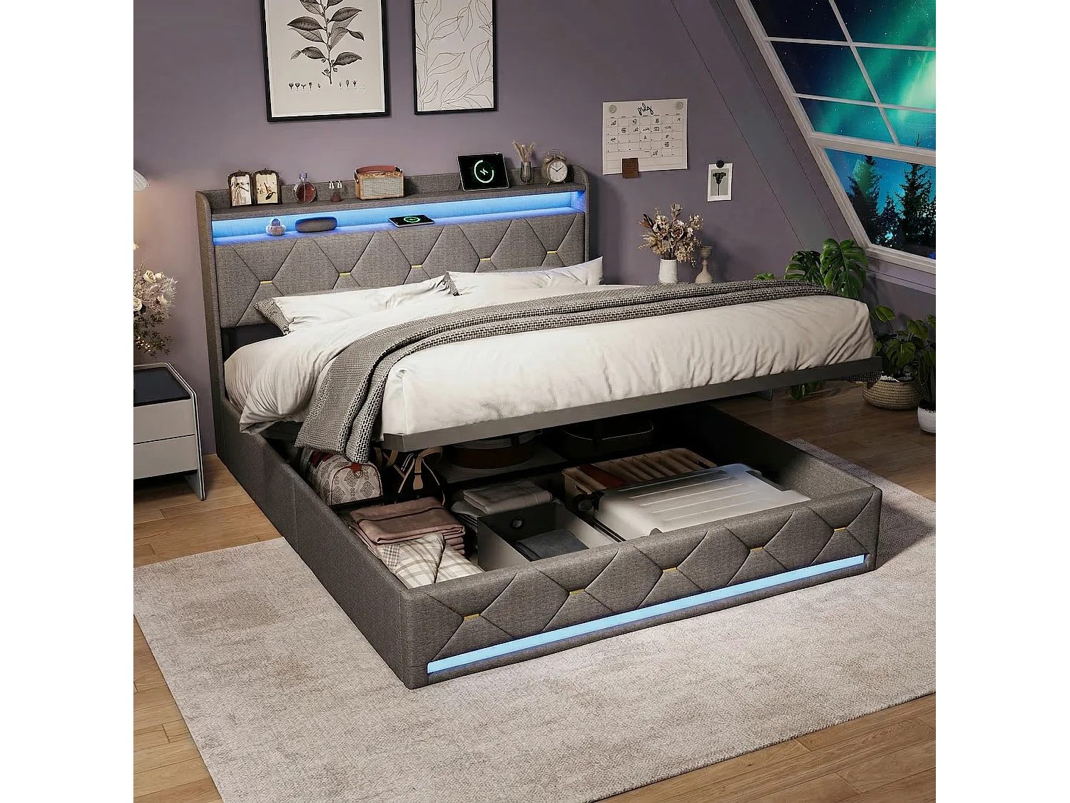 Lit Coffre 160 x 200 cm avec LED et USB, Lit Double Rembourré avec Sommier à Lattes, Lin, Gris