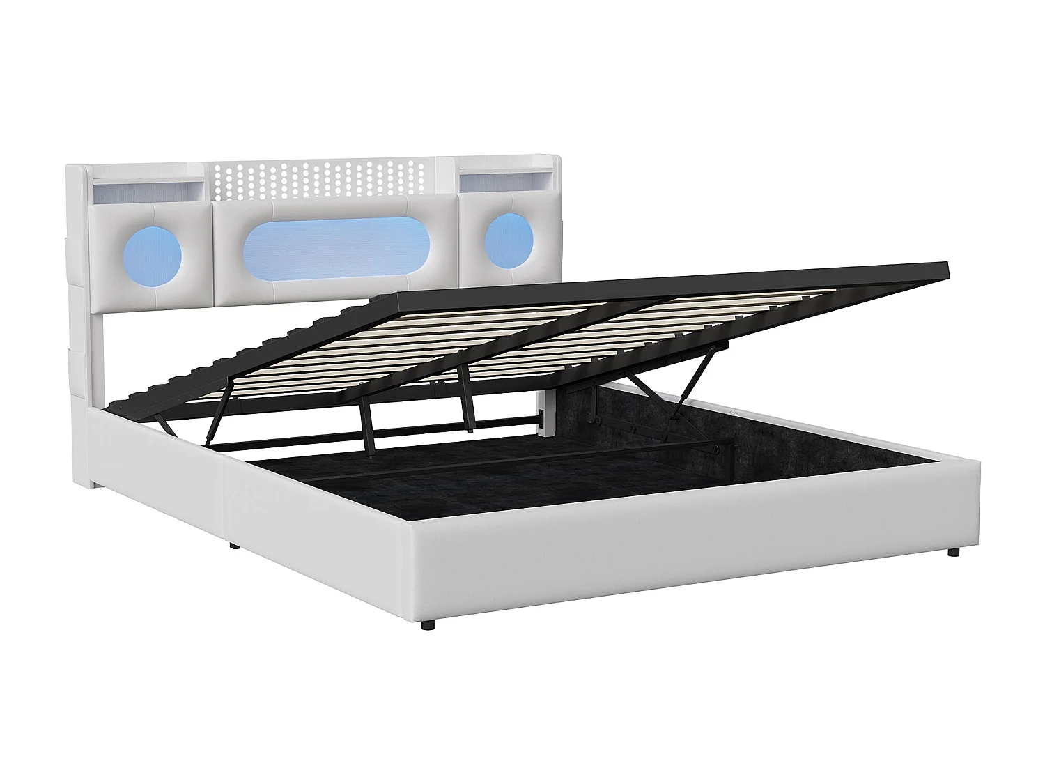Cama de 140 x 200 cm con iluminación LED, cama con espacio de almacenamiento, cabecero y puerto USB, ventana acrílica, tapicería de PU, color blanco.