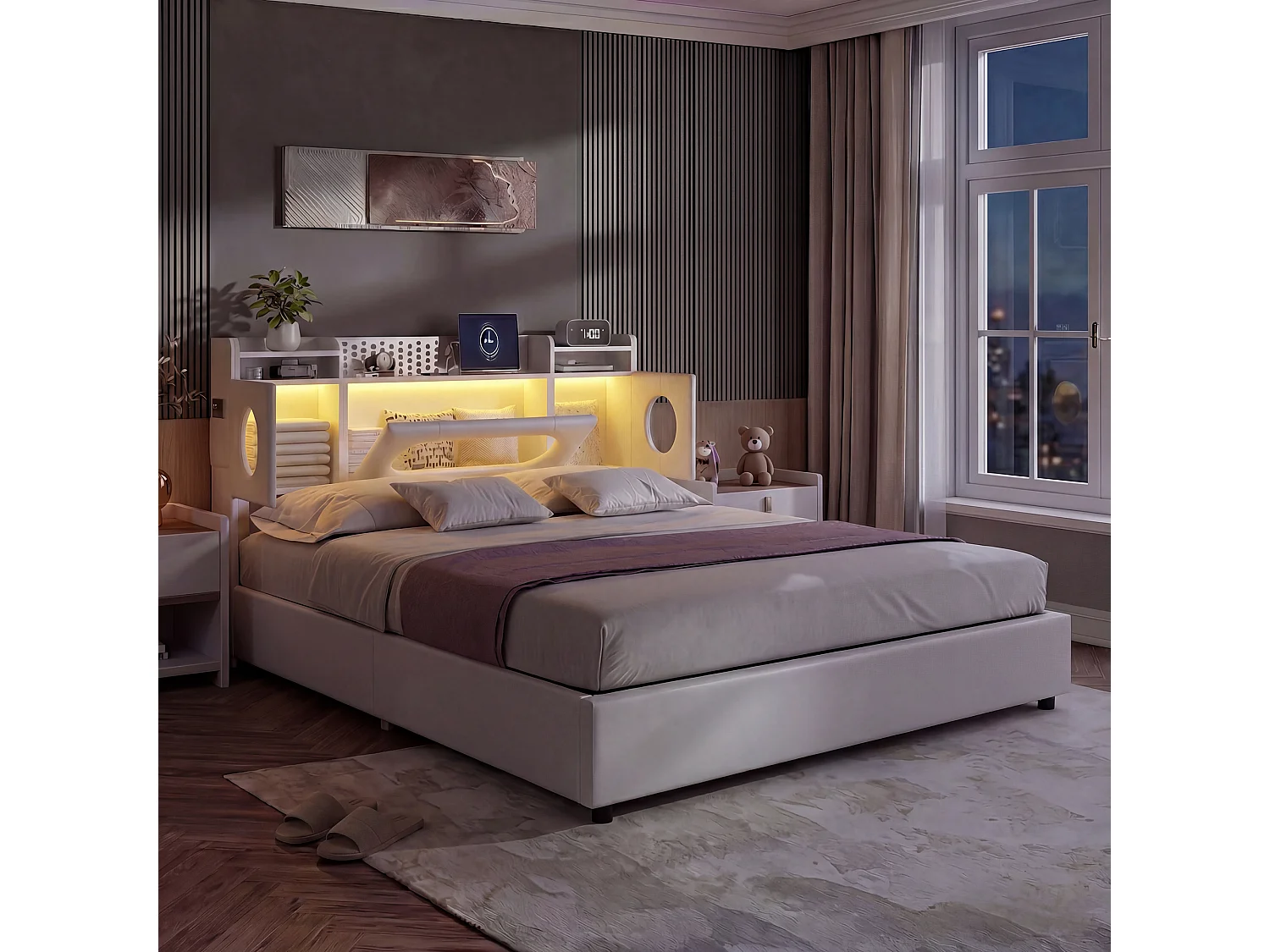 Cama de 140 x 200 cm con iluminación LED, cama con espacio de almacenamiento, cabecero y puerto USB, ventana acrílica, tapicería de PU, color blanco.