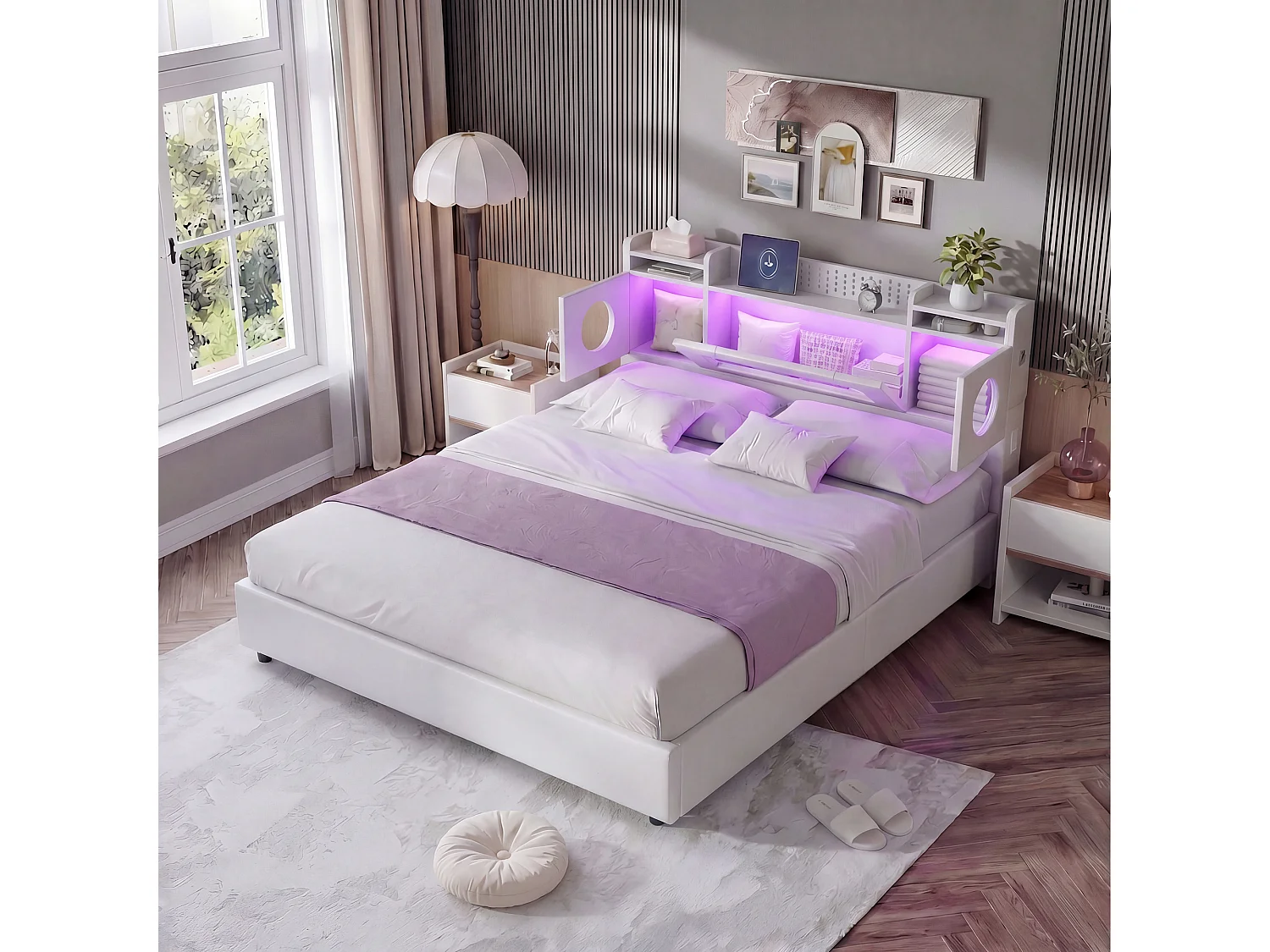 Lit 160 x 200 cm avec LED, Lit Coffre avec Rangement de Tête de Lit et Port USB, Fenêtre Acrylique, PU, Blanc