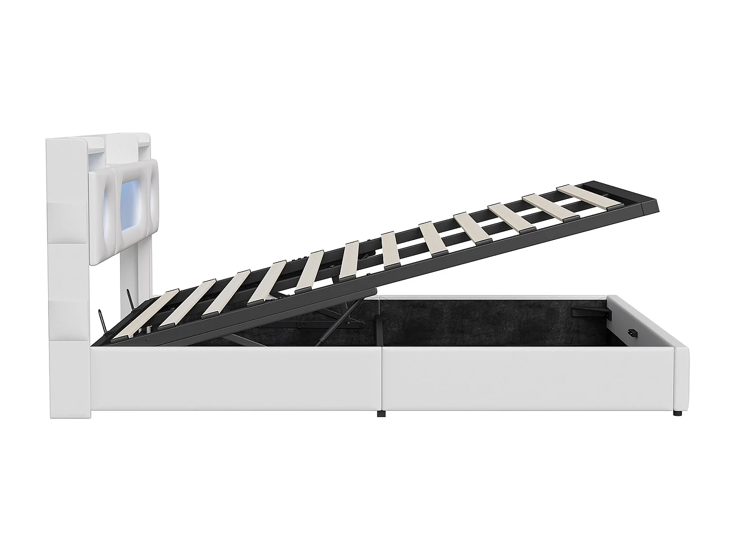 Lit 160 x 200 cm avec LED, Lit Coffre avec Rangement de Tête de Lit et Port USB, Fenêtre Acrylique, PU, Blanc