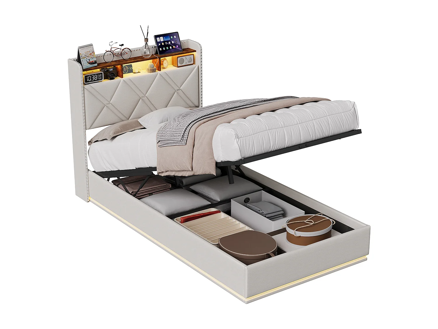 Lit simple 90 x 200 cm LED et USB, coffre hydraulique, rangement tête de lit, sommier tapissier, Lin, Beige