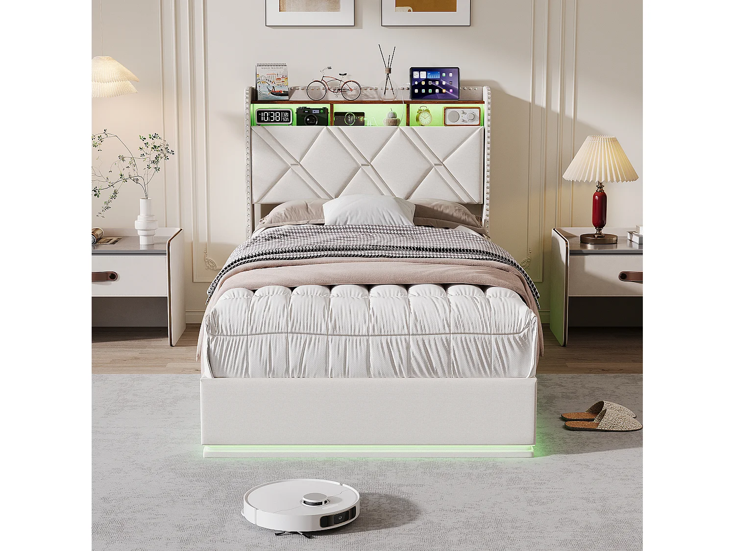 Lit simple 90 x 200 cm LED et USB, coffre hydraulique, rangement tête de lit, sommier tapissier, Lin, Beige