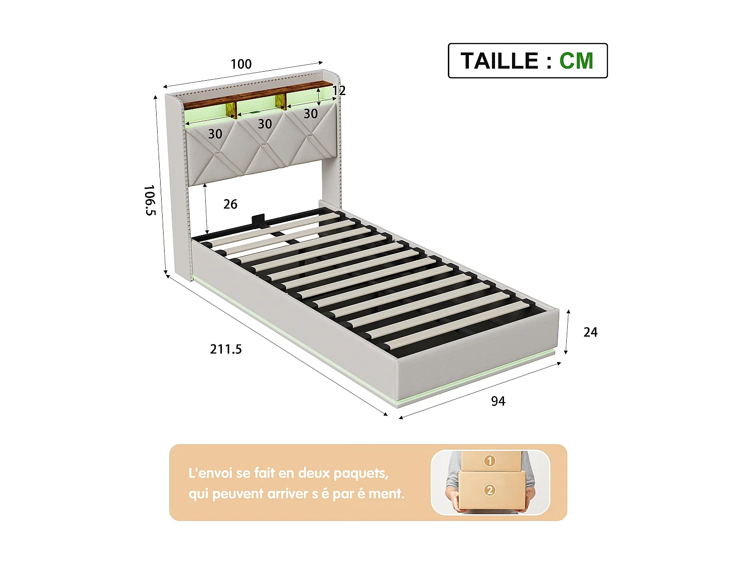 Lit simple 90 x 200 cm LED et USB, coffre hydraulique, rangement tête de lit, sommier tapissier, Lin, Beige