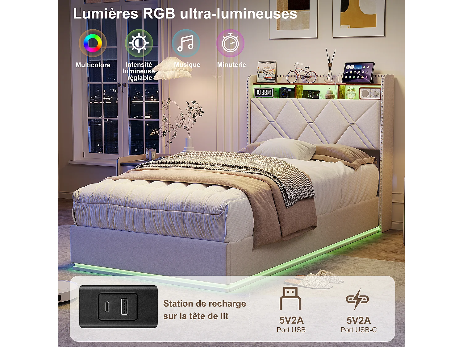 Lit simple 90 x 200 cm LED et USB, coffre hydraulique, rangement tête de lit, sommier tapissier, Lin, Beige