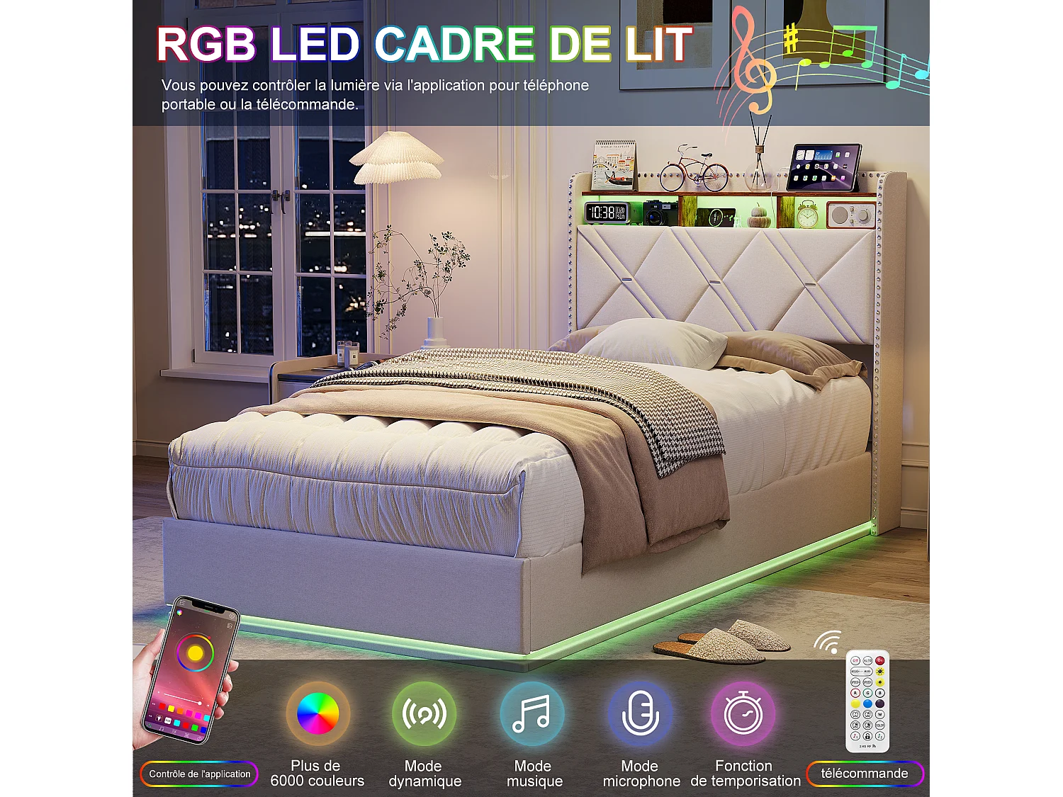 Lit simple 90 x 200 cm LED et USB, coffre hydraulique, rangement tête de lit, sommier tapissier, Lin, Beige