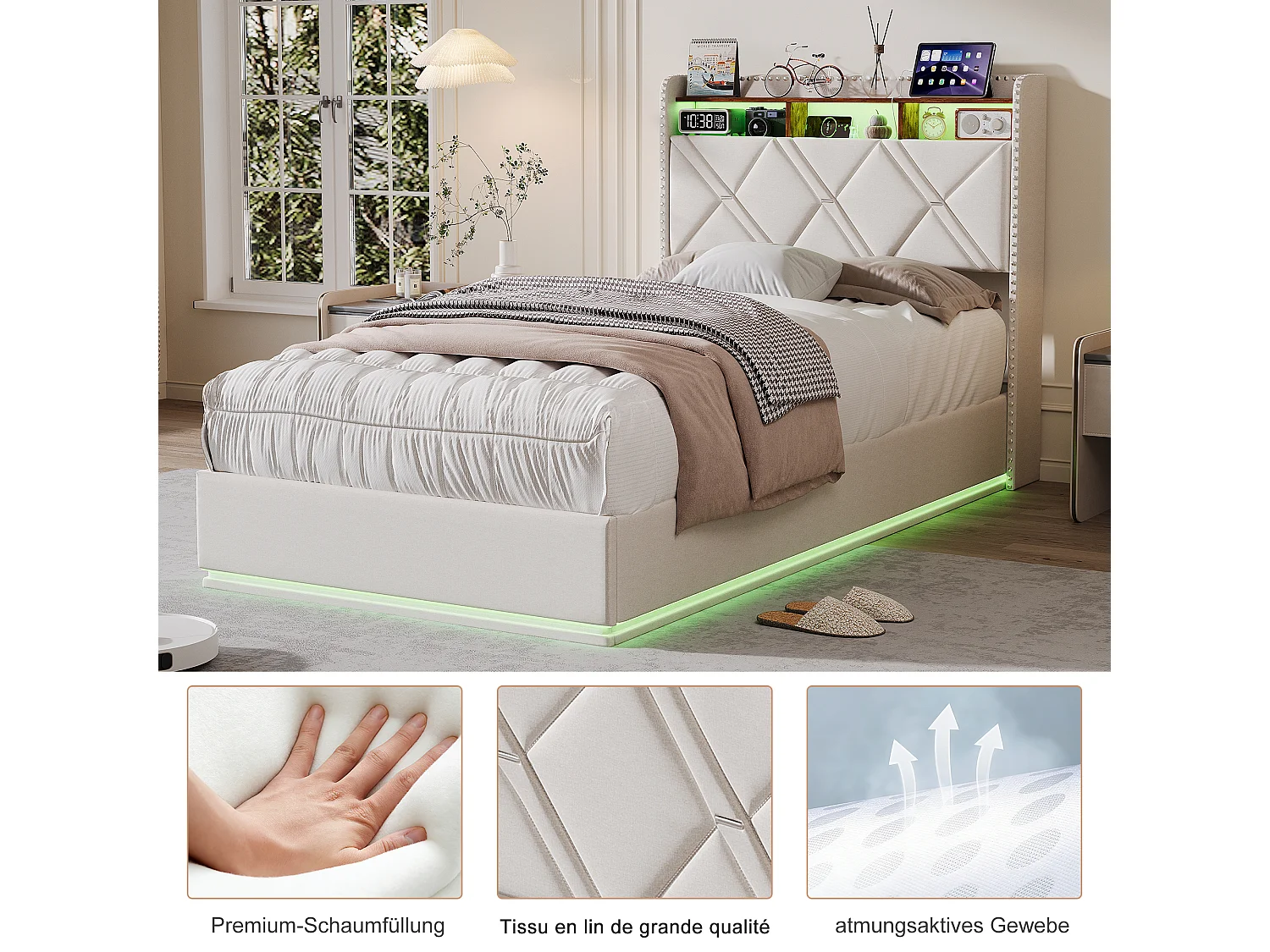 Lit simple 90 x 200 cm LED et USB, coffre hydraulique, rangement tête de lit, sommier tapissier, Lin, Beige