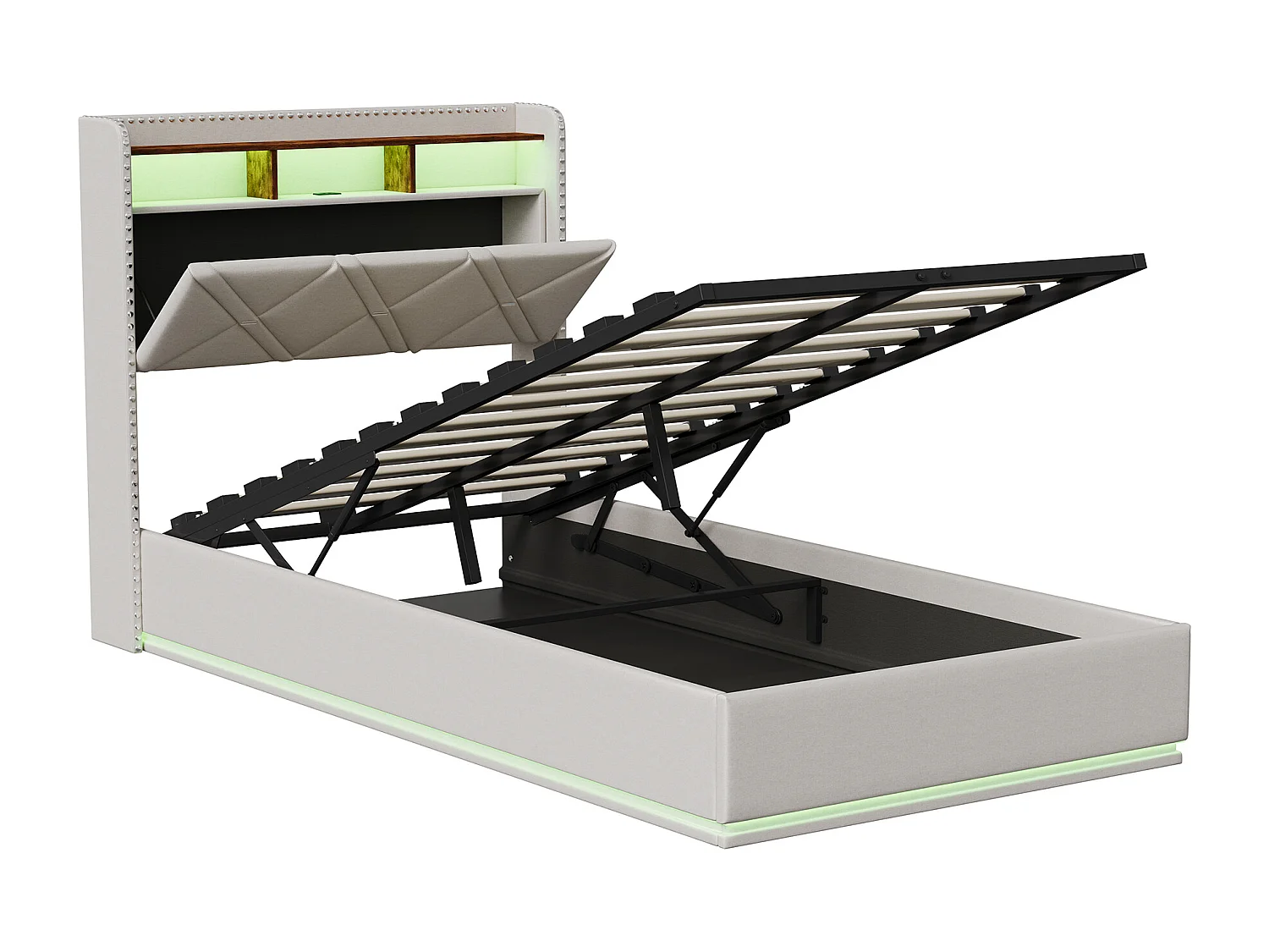 Lit simple 90 x 200 cm LED et USB, coffre hydraulique, rangement tête de lit, sommier tapissier, Lin, Beige