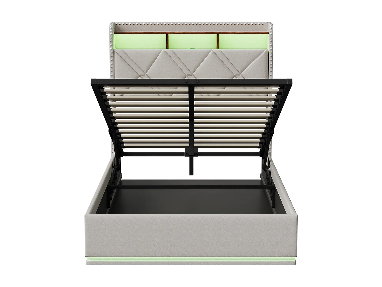 Lit simple 90 x 200 cm LED et USB, coffre hydraulique, rangement tête de lit, sommier tapissier, Lin, Beige