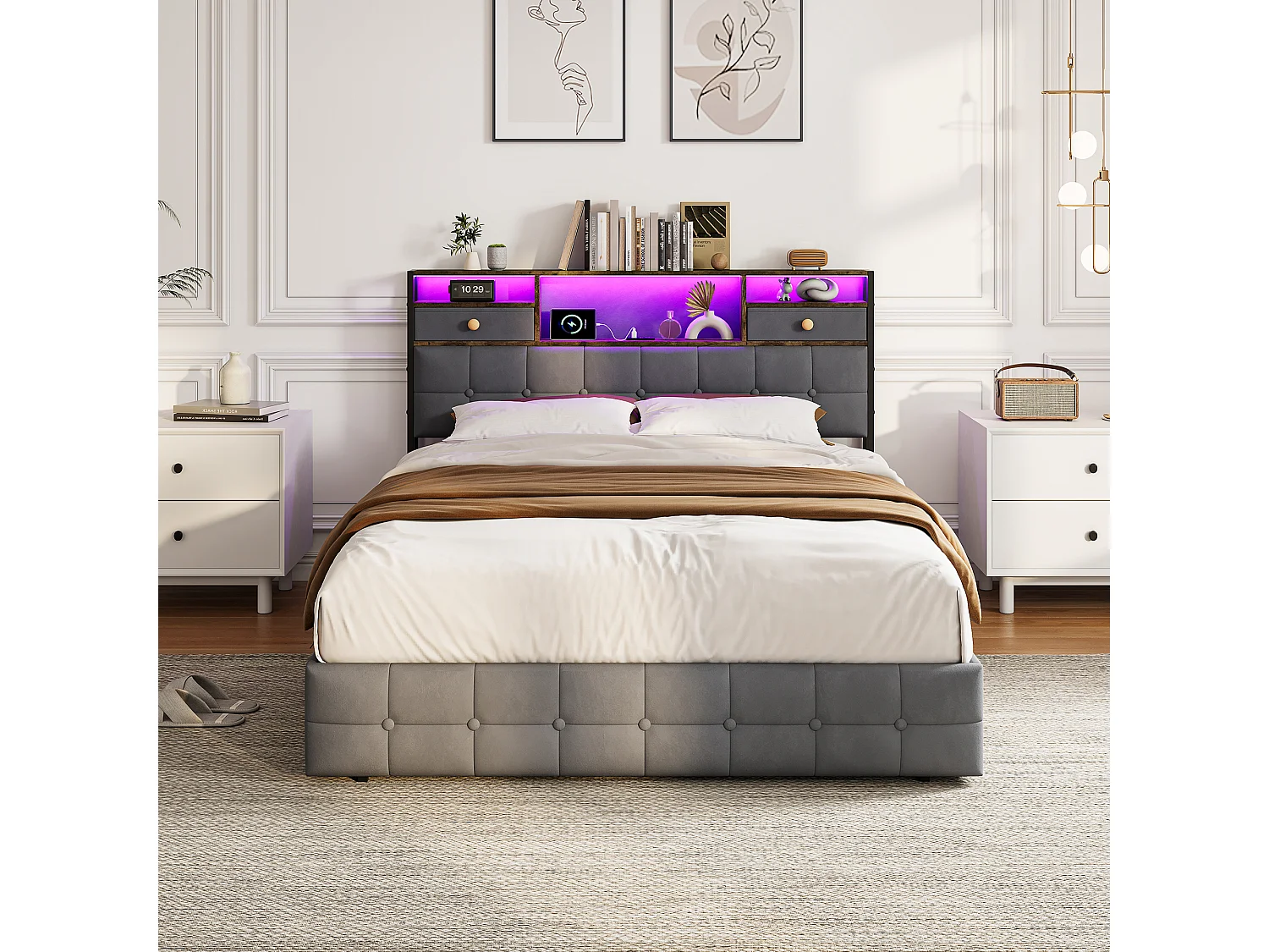 Lit double rembourré, 140 x 200 cm, avec LED et prises, sommier à lattes, cadre de lit, en velours, gris