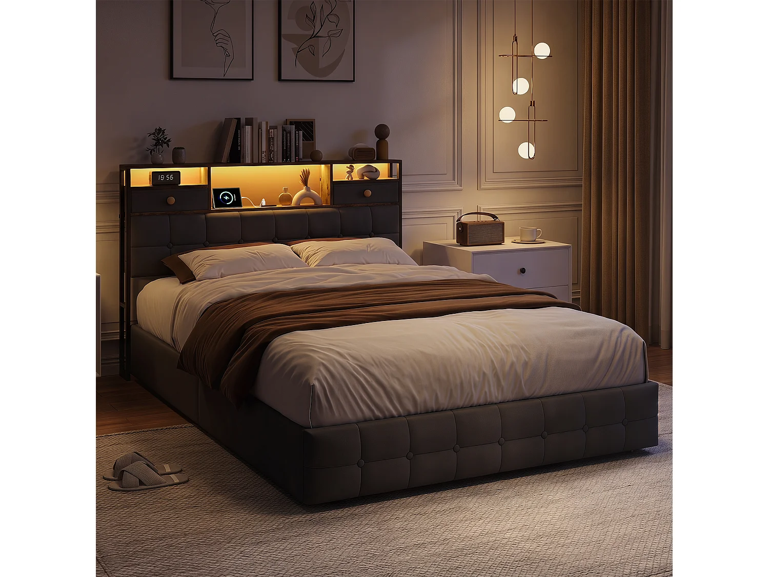 Lit double rembourré, 140 x 200 cm, avec LED et prises, sommier à lattes, cadre de lit, en velours, gris
