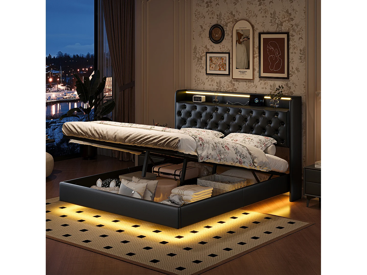 Bed van 140 x 200 cm met ledverlichting, stekkerdoos en opbergruimte, hoofdbord met planken, zwevend effect, zwart kunstleer