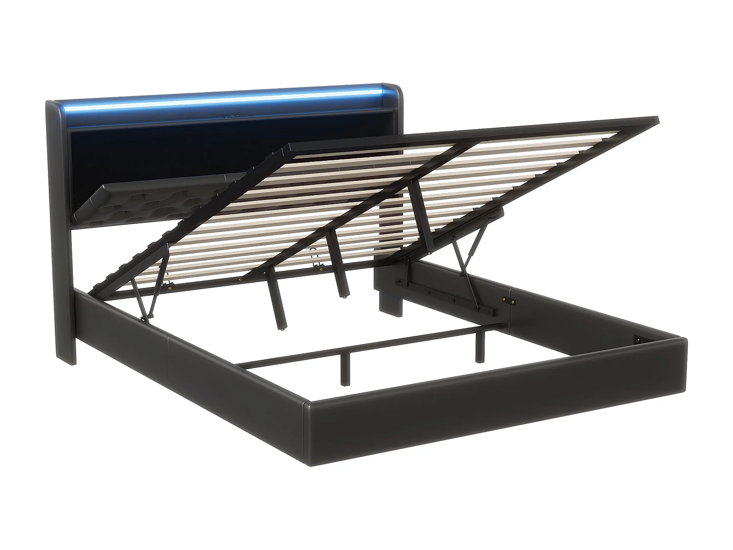 Bed van 140 x 200 cm met ledverlichting, stekkerdoos en opbergruimte, hoofdbord met planken, zwevend effect, zwart kunstleer