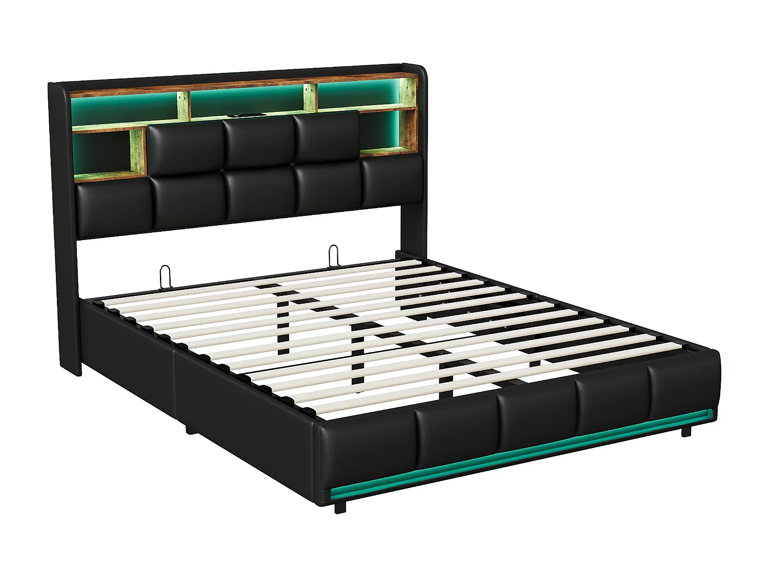 Lit double 140 x 190 , bande lumineuse LED + chargeur de chevet + rangement sous le lit, PU, noir