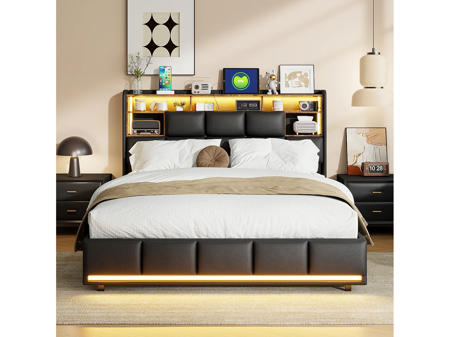 Lit double 140 x 190 , bande lumineuse LED + chargeur de chevet + rangement sous le lit, PU, noir
