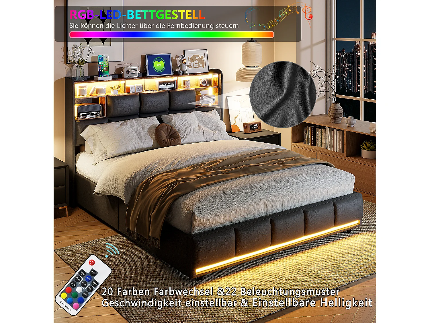 Lit double 140 x 190 , bande lumineuse LED + chargeur de chevet + rangement sous le lit, PU, noir