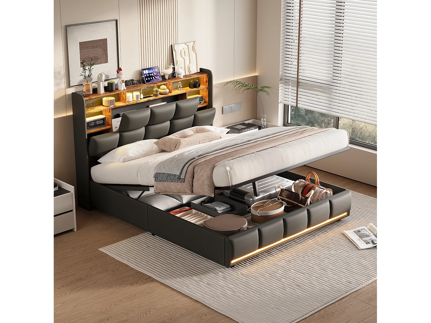 Lit double 140 x 190 , bande lumineuse LED + chargeur de chevet + rangement sous le lit, PU, noir