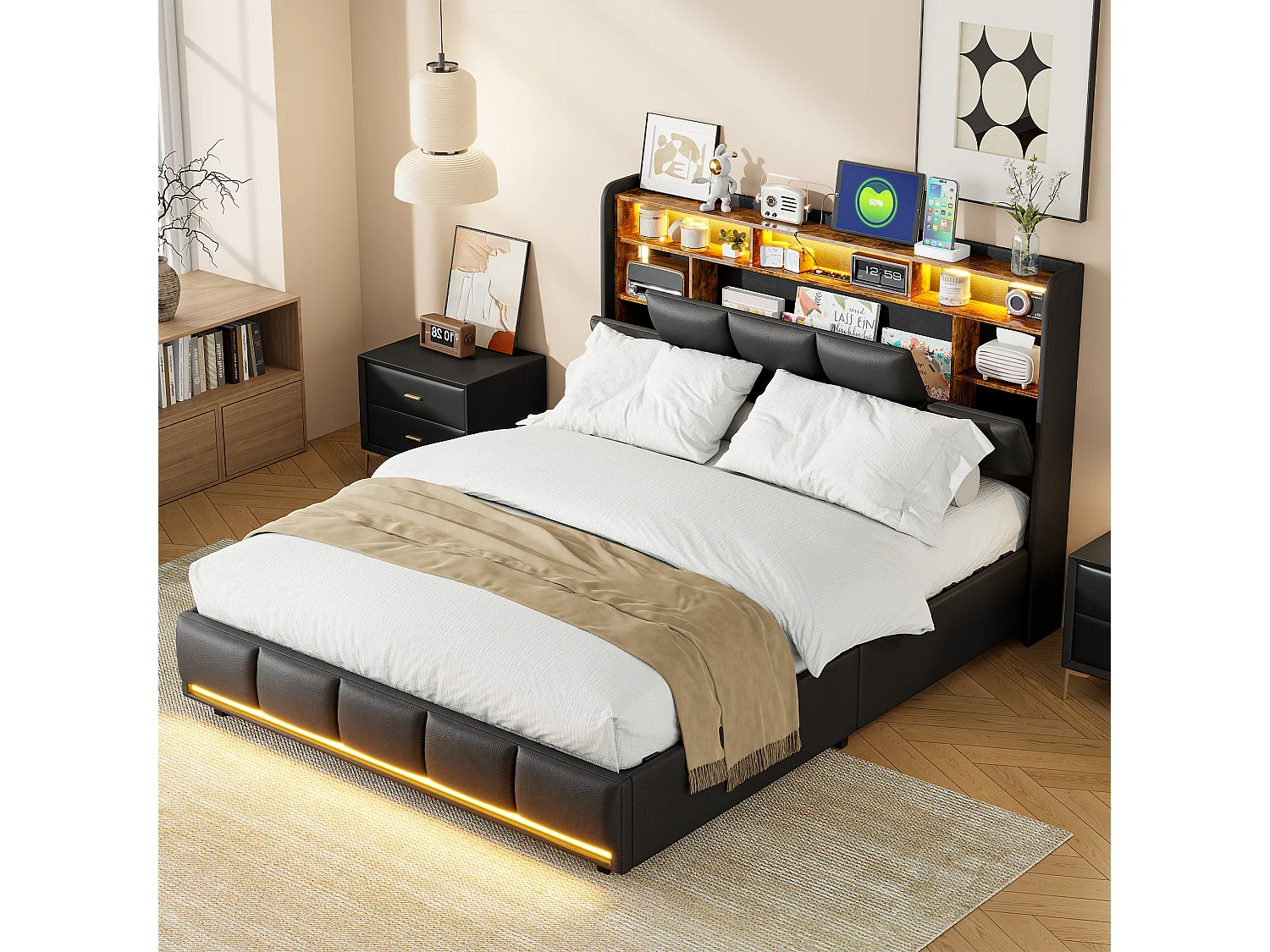 Lit double 140 x 190 , bande lumineuse LED + chargeur de chevet + rangement sous le lit, PU, noir