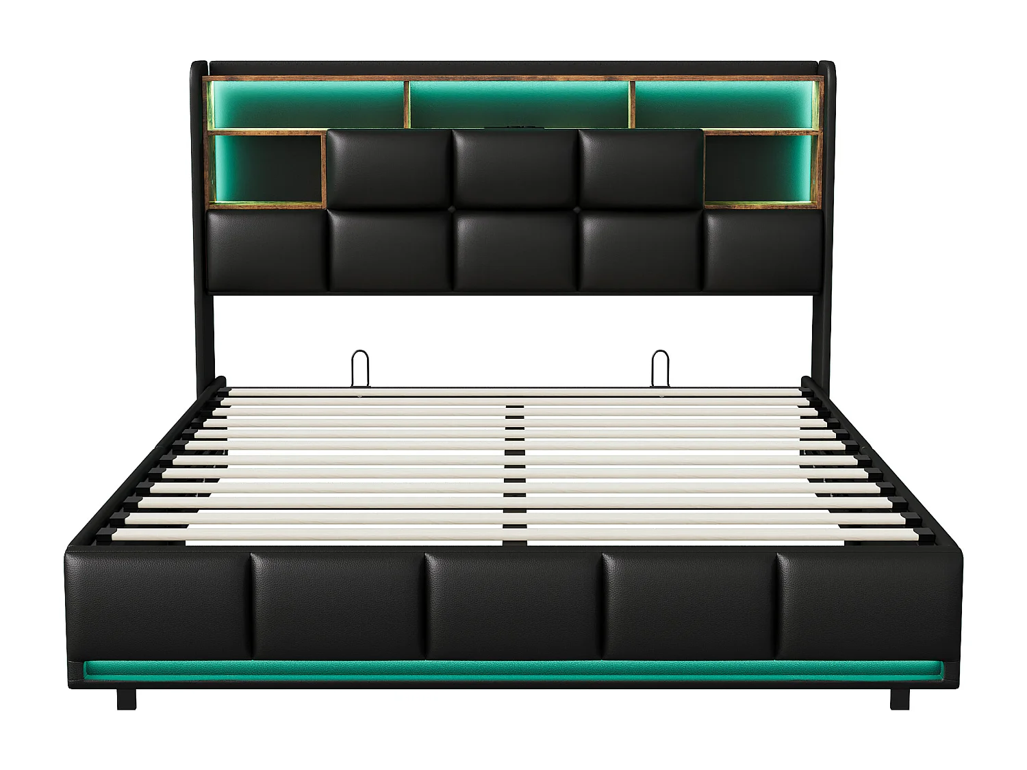 Lit double 140 x 190 , bande lumineuse LED + chargeur de chevet + rangement sous le lit, PU, noir