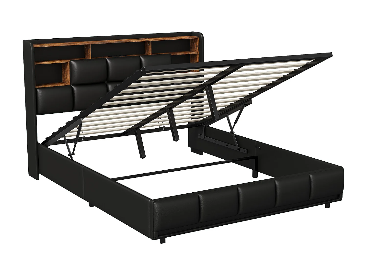 Lit double 140 x 190 , bande lumineuse LED + chargeur de chevet + rangement sous le lit, PU, noir
