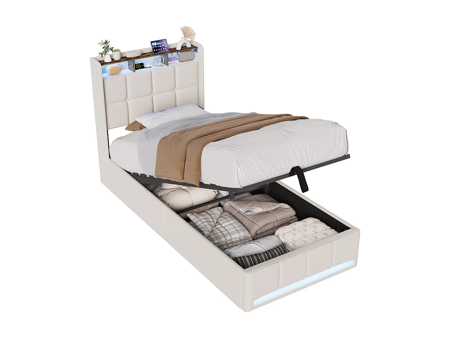 Lit Coffre 90 x 200 cm avec LED et Ports USB, avec Rangement avec sommier à Lattes, Lin, Beige