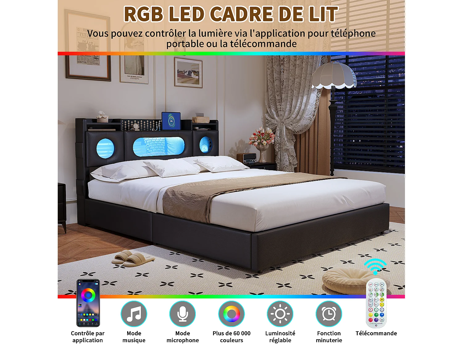 Lit 160 x 200 cm avec LED, Lit Coffre avec Rangement de Tête de Lit et Port USB, Fenêtre Acrylique, PU, Noir