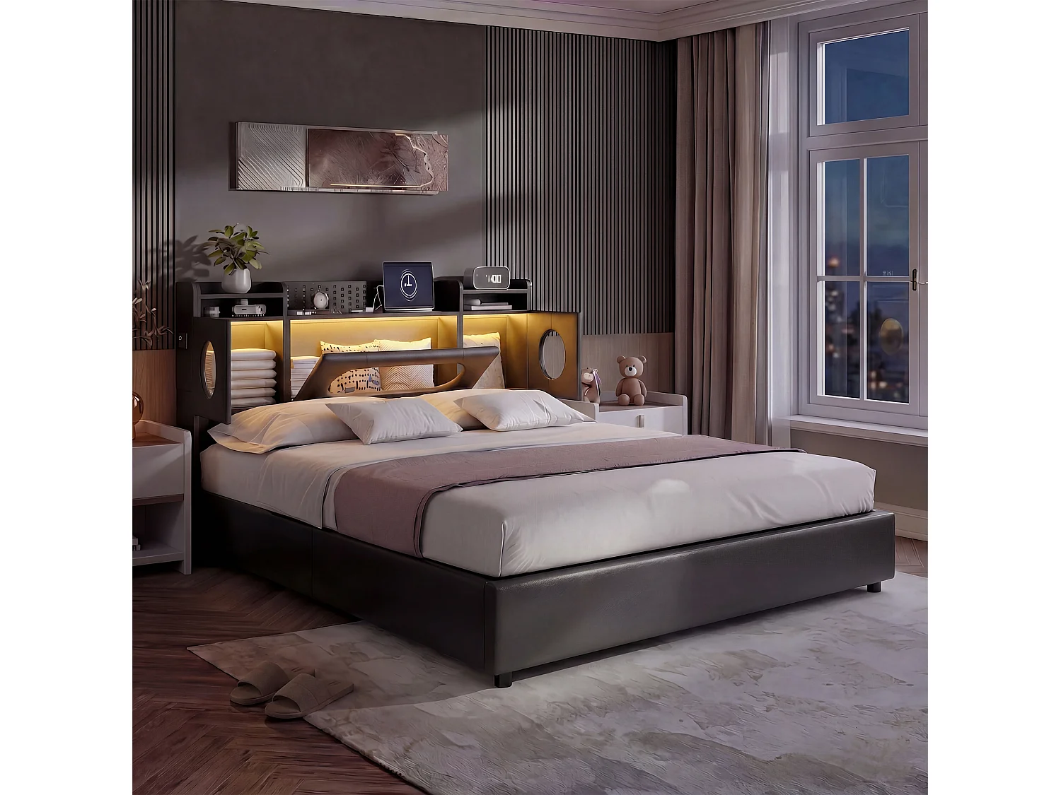 Lit 160 x 200 cm avec LED, Lit Coffre avec Rangement de Tête de Lit et Port USB, Fenêtre Acrylique, PU, Noir