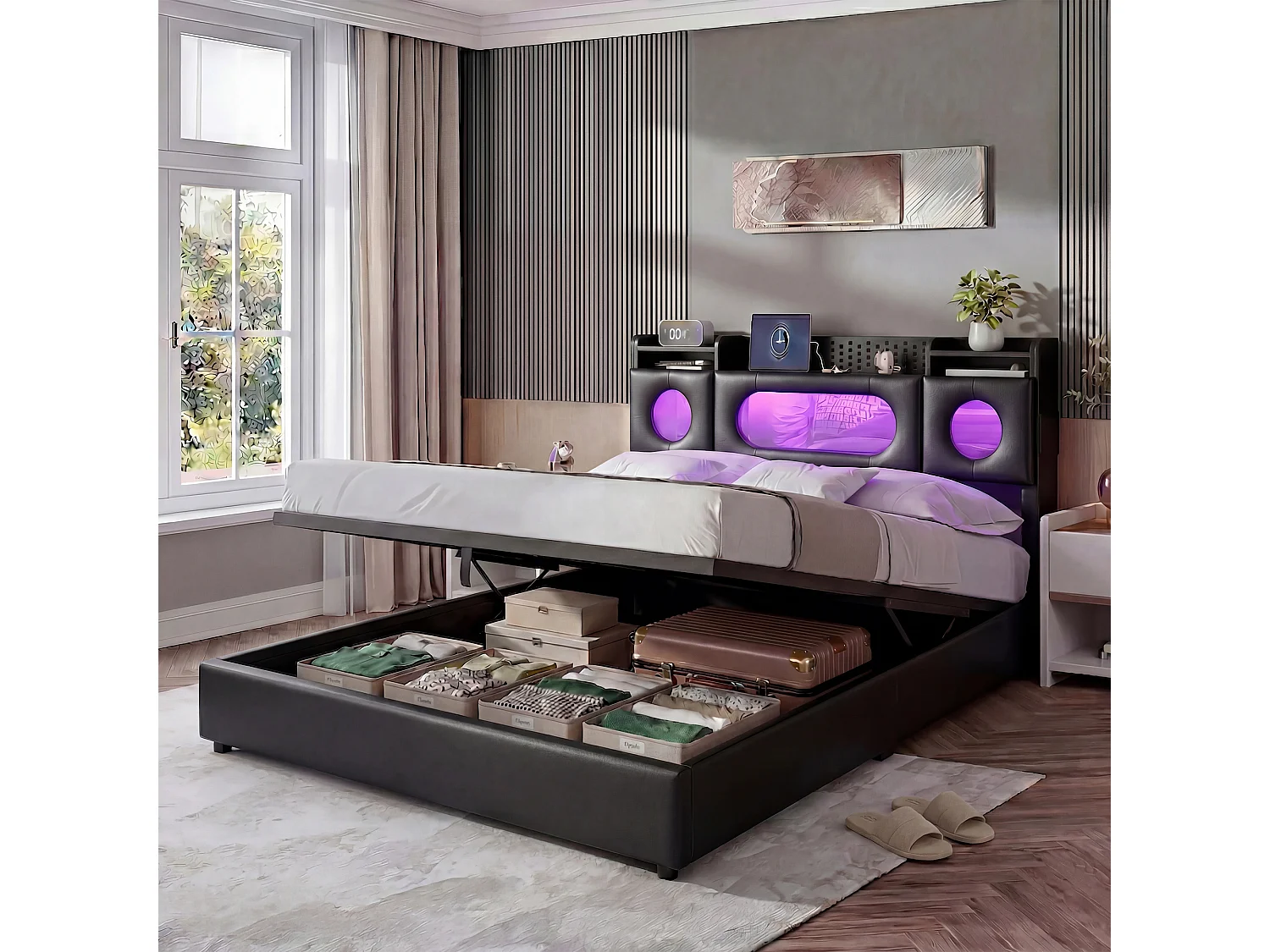 Lit 160 x 200 cm avec LED, Lit Coffre avec Rangement de Tête de Lit et Port USB, Fenêtre Acrylique, PU, Noir