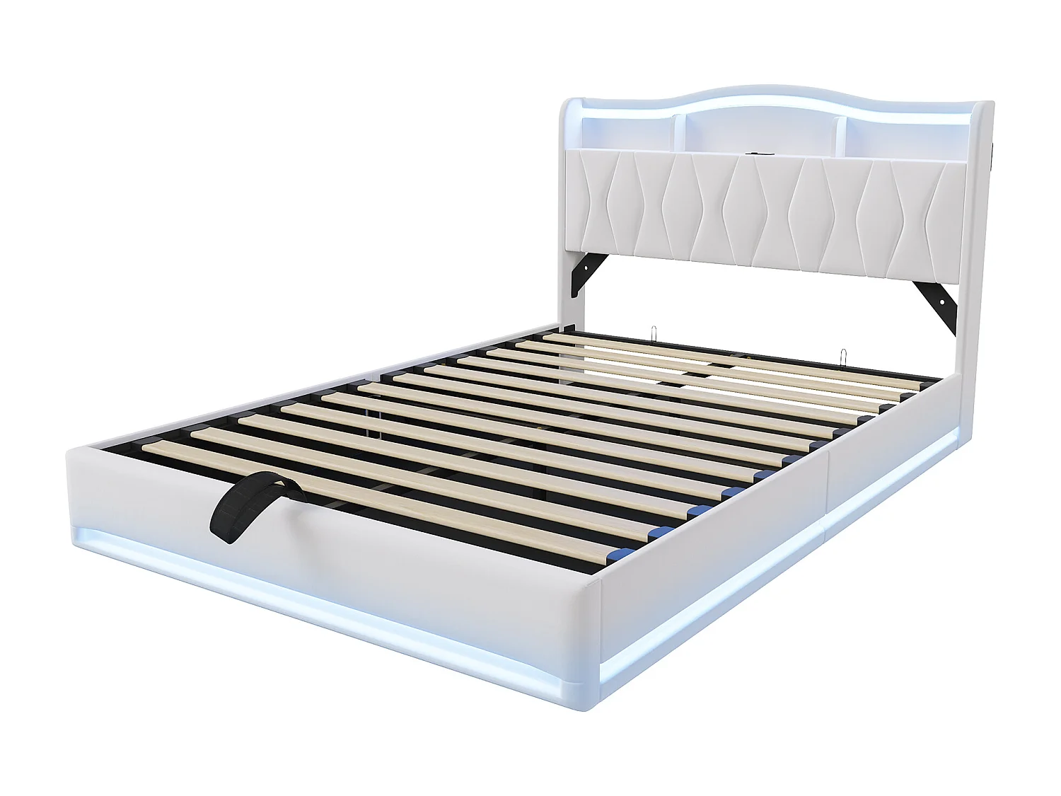 Lit double rembourré, 160 x 200 cm, avec LED et prises, avec espace de rangement, sommier à lattes, velours, Beige