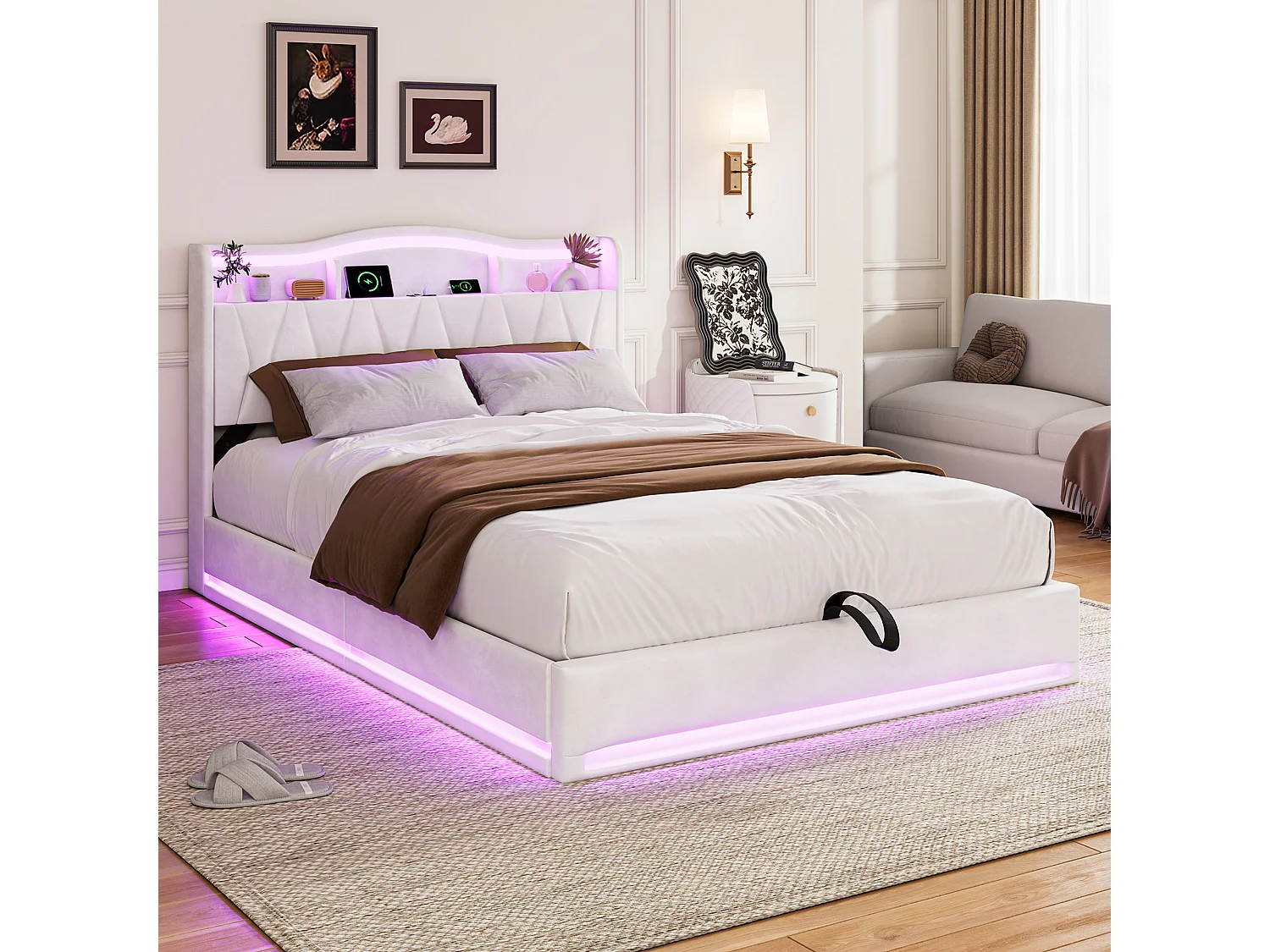 Lit double rembourré, 160 x 200 cm, avec LED et prises, avec espace de rangement, sommier à lattes, velours, Beige
