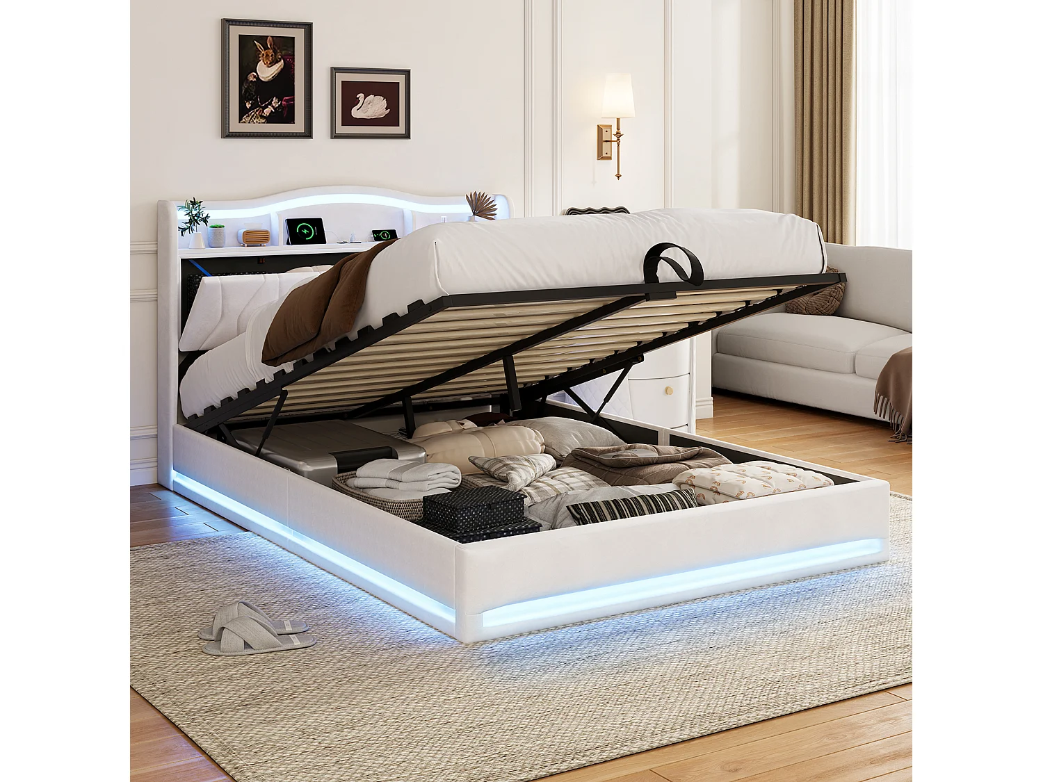 Lit double rembourré, 160 x 200 cm, avec LED et prises, avec espace de rangement, sommier à lattes, velours, Beige