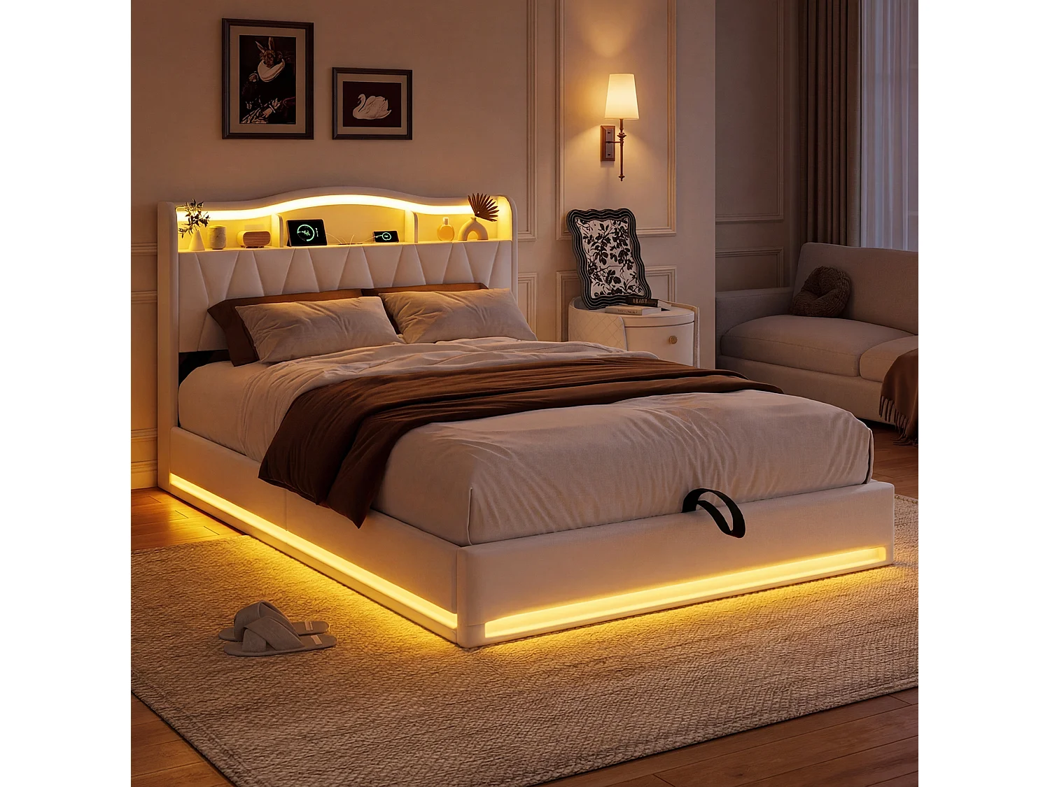 Lit double rembourré, 160 x 200 cm, avec LED et prises, avec espace de rangement, sommier à lattes, velours, Beige