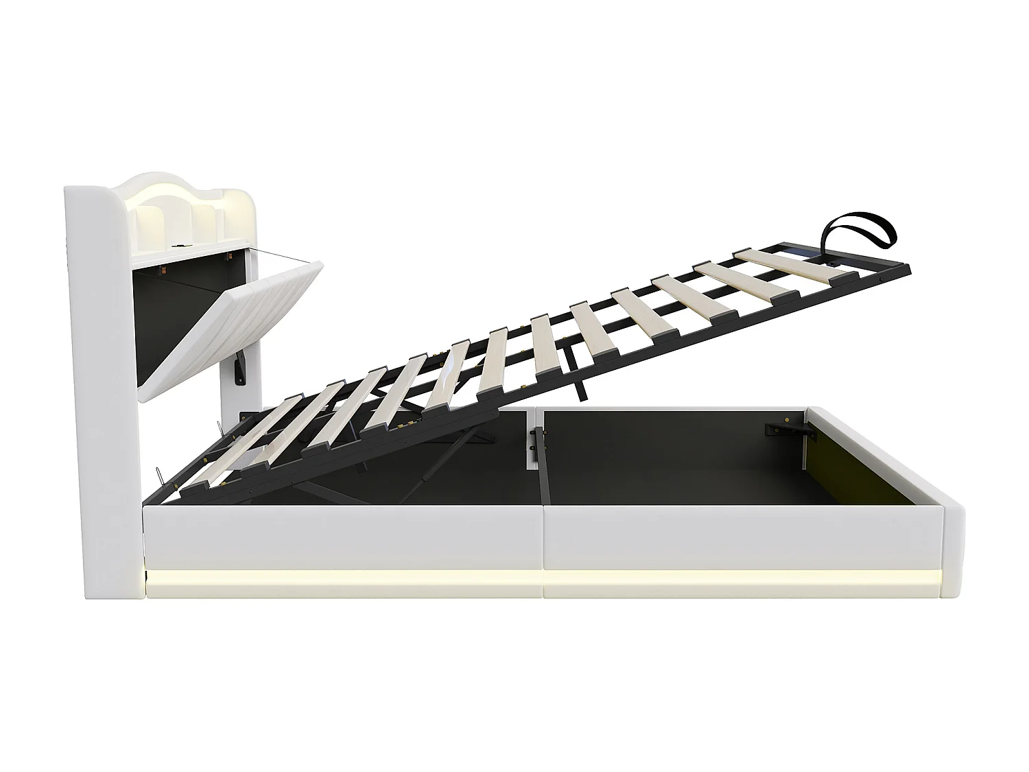 Lit double rembourré, 160 x 200 cm, avec LED et prises, avec espace de rangement, sommier à lattes, velours, Beige