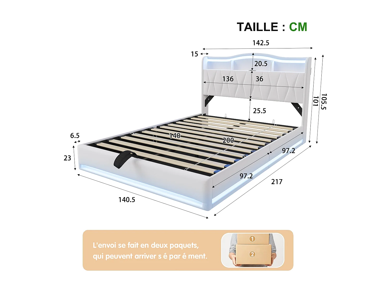 Lit double rembourré, 140 x 200 cm, avec LED et prises, avec espace de rangement, sommier à lattes, velours, Beige