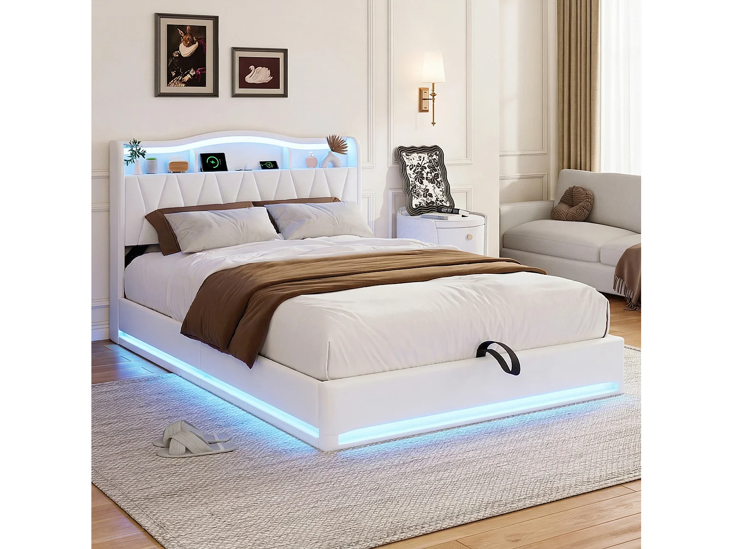 Lit double rembourré, 140 x 200 cm, avec LED et prises, avec espace de rangement, sommier à lattes, velours, Beige