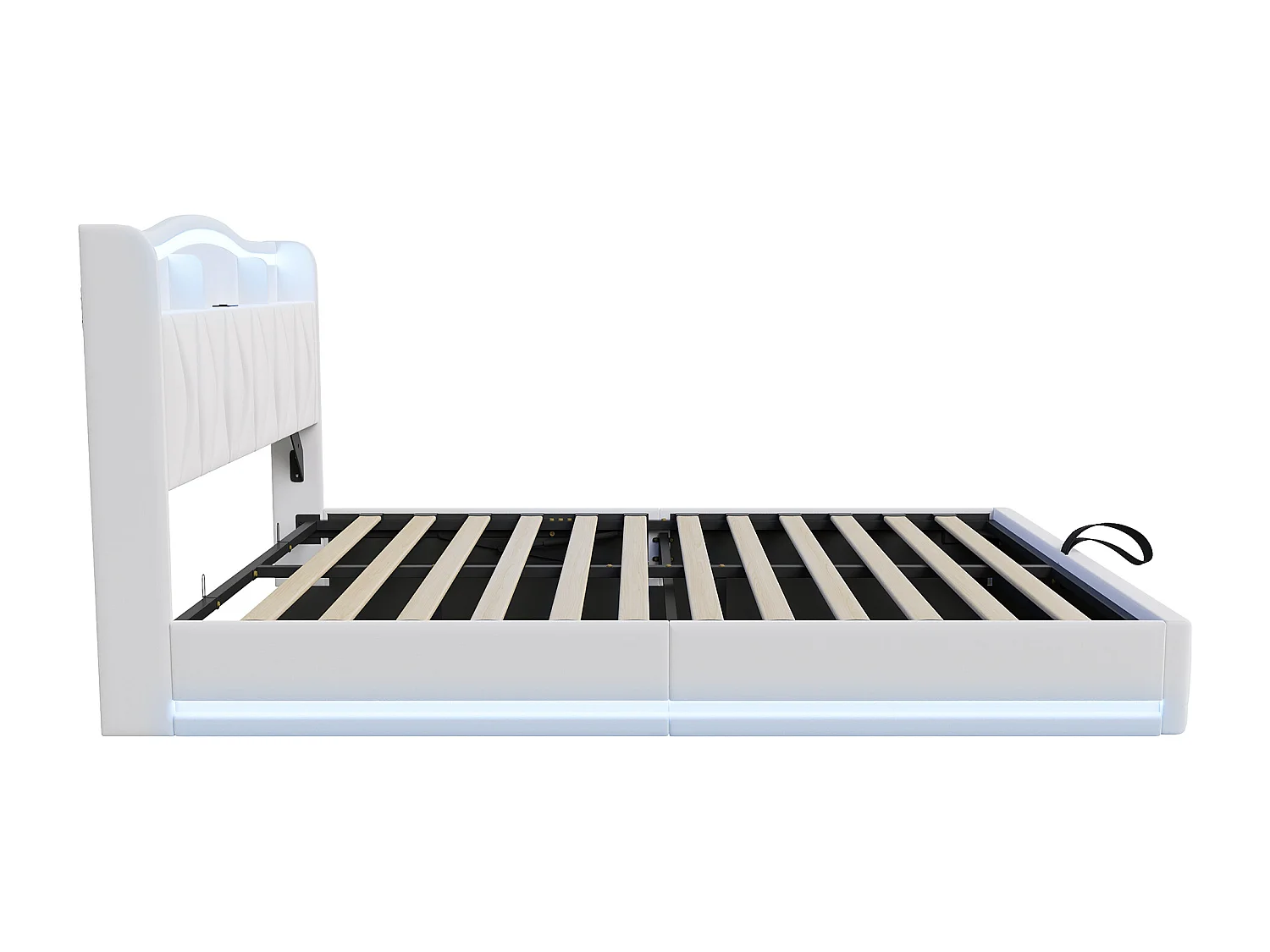 Lit double rembourré, 140 x 200 cm, avec LED et prises, avec espace de rangement, sommier à lattes, velours, Beige