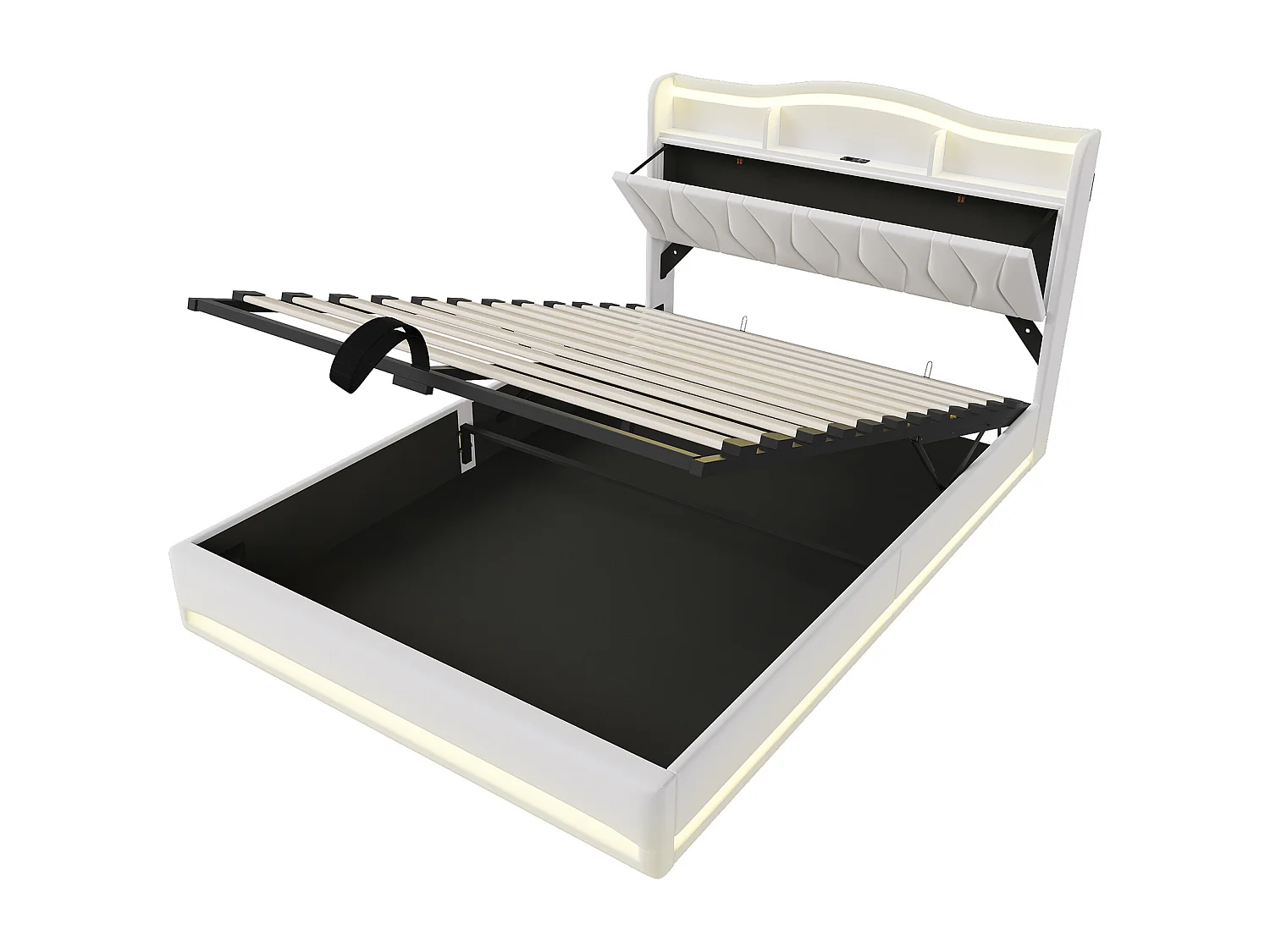Lit double rembourré, 140 x 200 cm, avec LED et prises, avec espace de rangement, sommier à lattes, velours, Beige