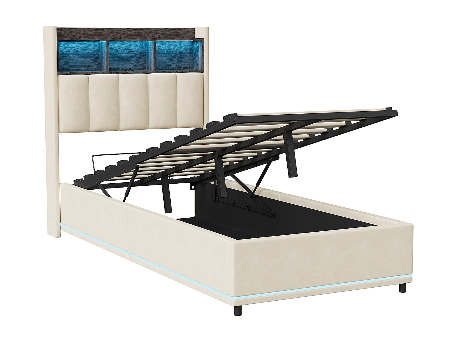 Lit Simple Capitonné 90 x 200 cm, Lits Coffre avec Rangement, avec LED et USB, Velours, blanc