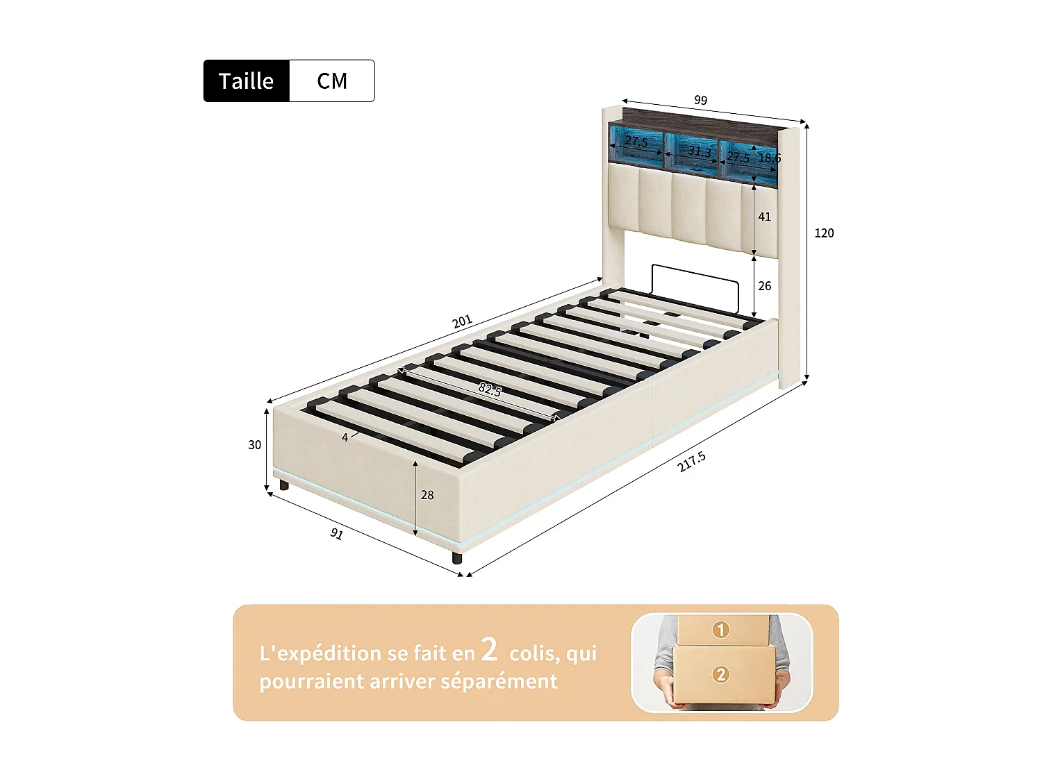 Lit Simple Capitonné 90 x 200 cm, Lits Coffre avec Rangement, avec LED et USB, Velours, blanc
