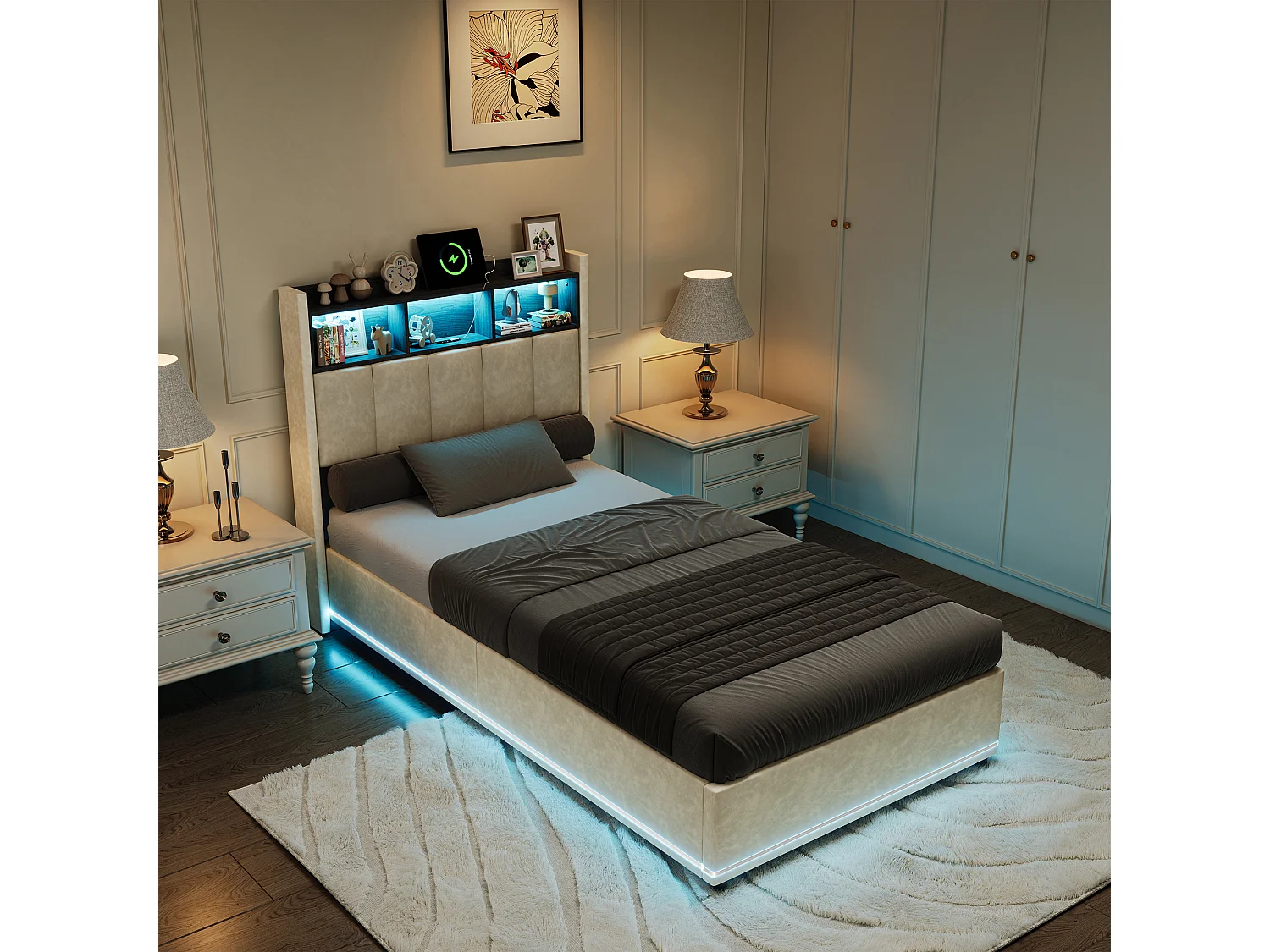 Lit Simple Capitonné 90 x 200 cm, Lits Coffre avec Rangement, avec LED et USB, Velours, blanc
