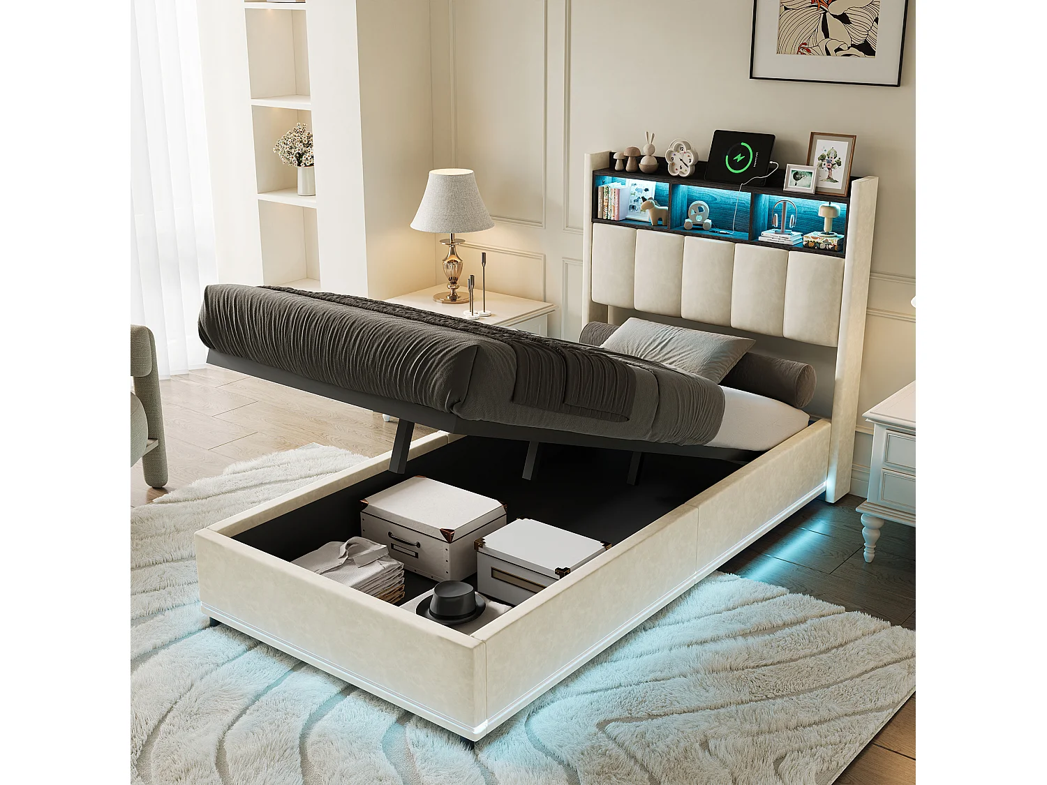 Lit Simple Capitonné 90 x 200 cm, Lits Coffre avec Rangement, avec LED et USB, Velours, blanc