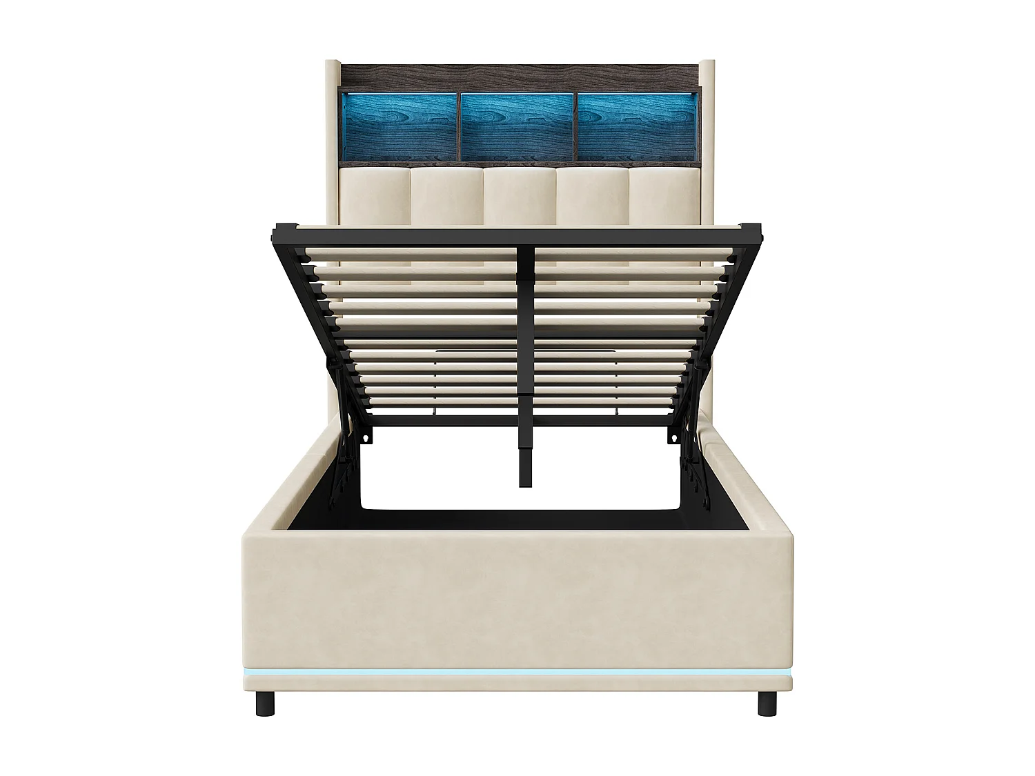 Lit Simple Capitonné 90 x 200 cm, Lits Coffre avec Rangement, avec LED et USB, Velours, blanc