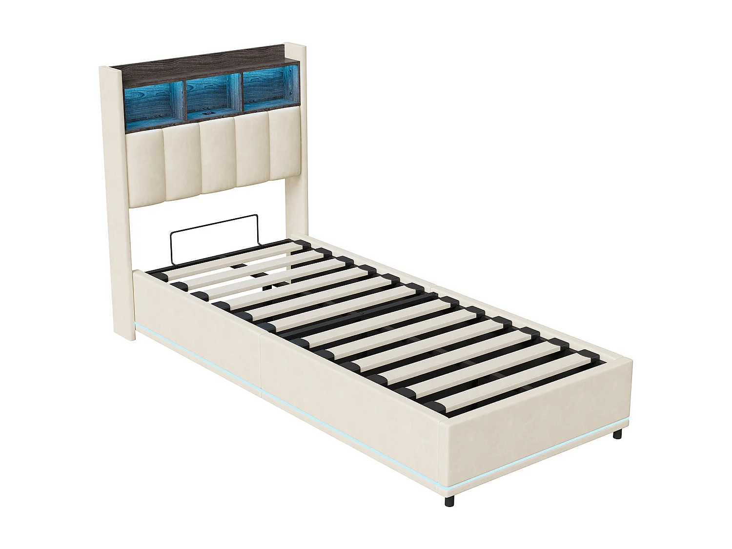 Lit Simple Capitonné 90 x 200 cm, Lits Coffre avec Rangement, avec LED et USB, Velours, blanc
