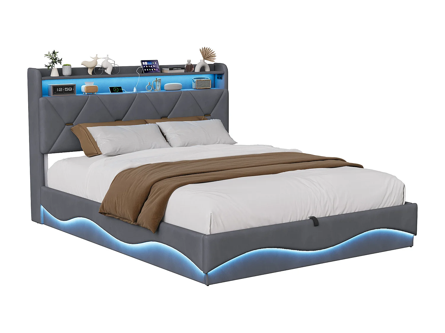 Lit double rembourré, 160 x 200 cm, avec espace de rangement, éclairage LED et USB, velours, Gris