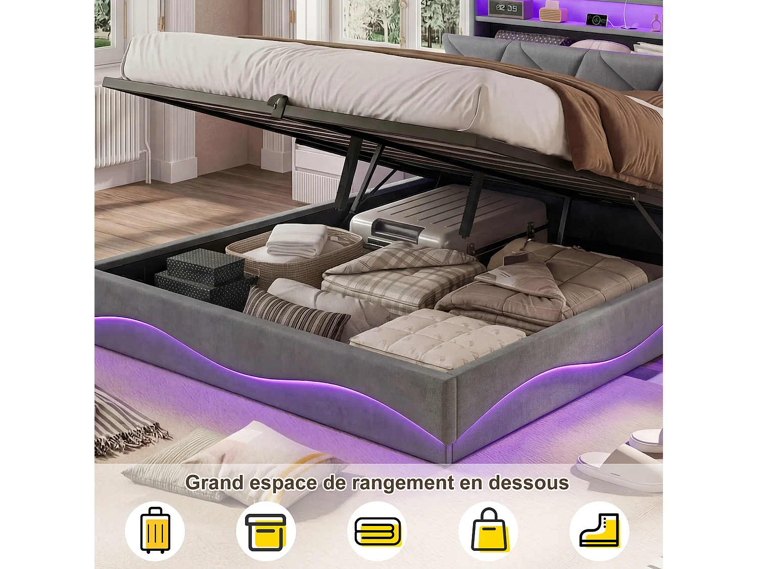 Lit double rembourré, 160 x 200 cm, avec espace de rangement, éclairage LED et USB, velours, Gris